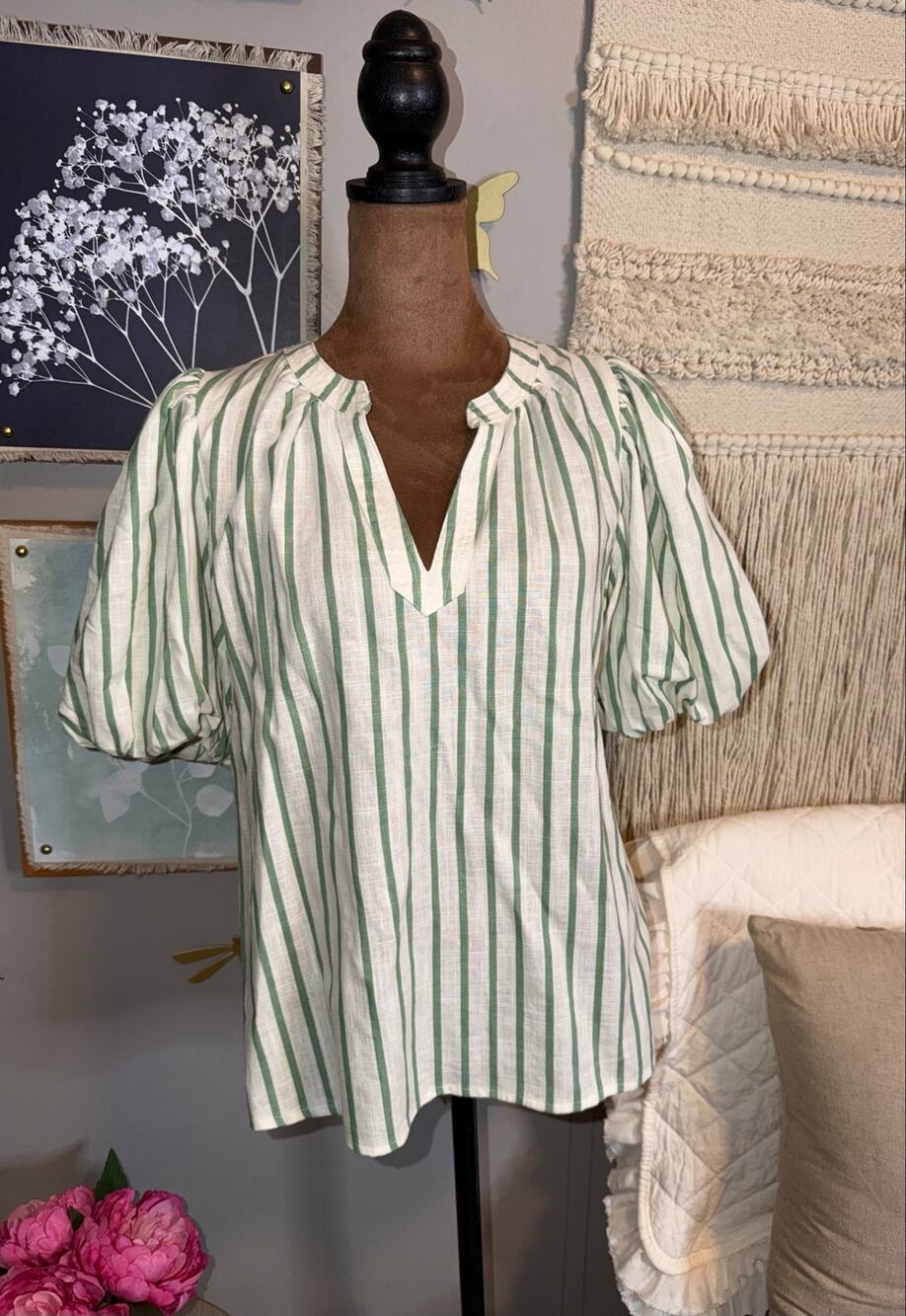 Vince Camuto Eucalyptus Green & White Striped Linen-Blend Blouse — Size M